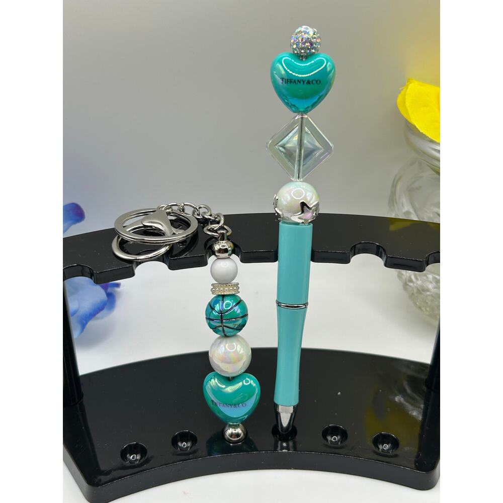 Tiffany Blue Beaded Pen & Keychain Set – Heart & Basketball Charm Gift
